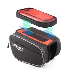 Schwarze Fahrradtasche mit rotem oberen Teil. Sie hat ein durchsichtiges Fenster und einen Reißverschluss.