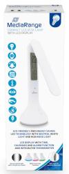 Weiße LED-Schreibtischlampe mit LCD-Display. Zeigt Uhrzeit, Temperatur, Kalender und Alarmfunktion. RGB-Stimmungslicht und energiesparend.