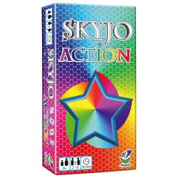 Spielbox für Skyjo Action. Bunte, glänzende Verpackung mit einem großen, farbigen Stern.