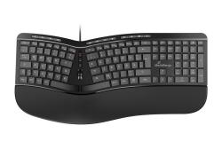 schwarze ergonomische Tastatur mit geteiltem Layout. Enthält zusätzliche Medientasten.