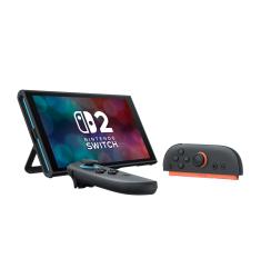 Nintendo Switch Konsole mit einem Bildschirm und zwei Controllern. Die Farben sind schwarz und orange.