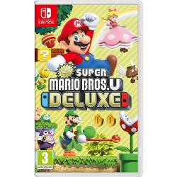 Cover des Spiels 'New Super Mario Bros. U Deluxe'. Bunte Grafik mit Mario, Luigi, Prinzessin Peach und verschiedenen Charakteren.