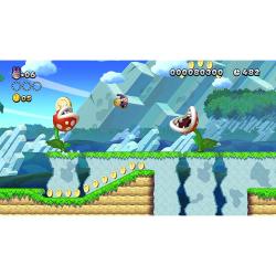 Videospiel-Szene mit buntem Hintergrund. Zwei große Pflanzen mit offenen Mündern und vielen Münzen im Vordergrund.