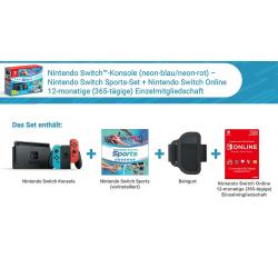 NINTENDO Switch neon-blau/neon-rot Sport Bundle inklusive 12 Monate Nintendo Switch Online und Nintendo Wasserflasche