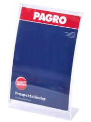 Prospektständer aus transparentem Material. Auf der Vorderseite ein rotes Logo 'PAGRO'. Dunkelblaue Fläche für Informationen. Magnethalterung.