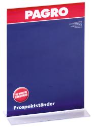 Transparenter Prospektständer mit rotem und blauem Design. Beschriftung mit 'Prospektständer' und 'Top Qualität Günstiger'.