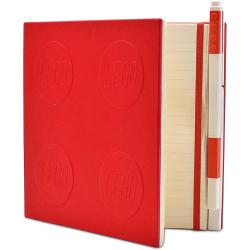 Rotes Notizbuch mit LEGO-Logo. Gummiband zum Schließen. Enthält liniertes Papier. Stift in rot und weiß integriert.