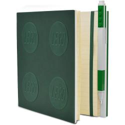 Grünes Notizbuch mit LEGO-Logo auf dem Cover. Enthält einen grünen Stift, der wie LEGO-Steine aussieht.