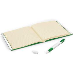 Grünes Notizbuch mit LEGO-Logo auf dem Cover. Enthält einen grünen Stift, der wie LEGO-Steine aussieht.