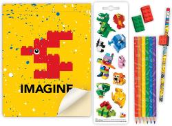 LEGO Schreibset mit gelbem Cover. Enthält Buntstifte, Radiergummis und eine LEGO Minifigur.