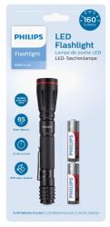 Schwarze LED-Taschenlampe mit rotem Kopf. 160 Lumen Helligkeit. Reichweite 65 Meter. Laufzeit 2,5 Stunden. Wasserfest nach IPX4. Zwei AA-Batterien enthalten.