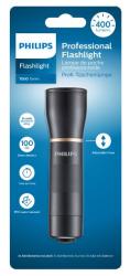 Schwarze Taschenlampe von Philips. 400 Lumen Helligkeit. Einstellbarer Fokus. Reichweite bis 100 m. IP54 wasserresistent. Batterien inklusive.