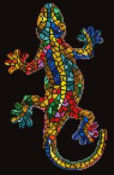 Verpackung für ein Diamond Dotz Kunstset mit einem bunten Gecko-Motiv. Das Design ist auf schwarzem Hintergrund.