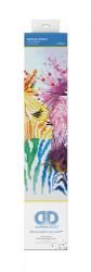 Bastelset für Diamantkunst mit dem Titel 'Rainbow Zebras'. Enthält bunte, glitzernde Steine und ein Motiv von Zebras.