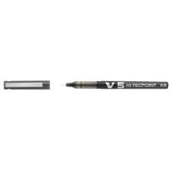 Schwarzer Fineliner mit feiner Spitze von V5 Hi-Tecpoint. Der Deckel ist abgenommen und liegt daneben.