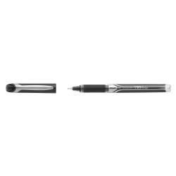 Schwarzer Kugelschreiber mit transparentem Gehäuse. Der Stift hat einen gummierten Griff.