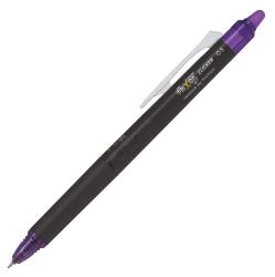 Schwarzer Kugelschreiber mit lila Akzenten. Der Stift hat eine abnehmbare Kappe und eine feine Spitze.