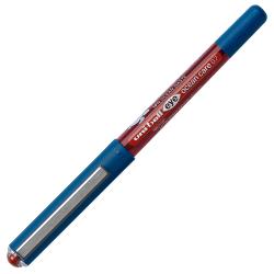 Ein roter Stift mit transparentem Gehäuse und blauer Kappe. Der Stift hat eine feine Spitze.