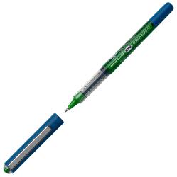 Grüner Kugelschreiber mit transparentem Gehäuse. Kappe in Blau.