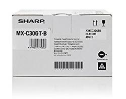 Weißer Karton mit der Aufschrift Sharp MX-C30GT-B. Enthält Toner für Drucker.