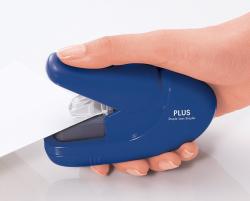 blauer Hefter ohne Klammern. Ergonomisches Design mit transparentem oberen Teil.