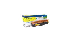 Gelbe Tonerkartusche TN-246Y. Verpackung in blau-gelber Box. Kartusche hat orangefarbenen Schutz.