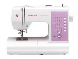 Nähmaschine in Weiß und Lila. Hat verschiedene Stichmuster und Bedienelemente.