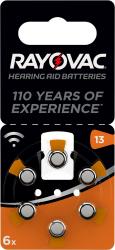 Packung mit 6 Hörgerätebatterien. Marke: Rayovac. Größe: 13. Schwarz-orange Design. Hinweis auf 110 Jahre Erfahrung.