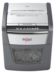 Papiervernichter in grau und weiß. Automatische Zuführung für mehrere Blätter.