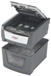 Papiervernichter in grau und weiß. Automatische Zuführung für mehrere Blätter.