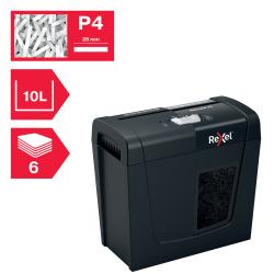 Schreddergerät in Schwarz mit Sichtfenster für Papierabfälle. Einfache Bedienelemente oben.