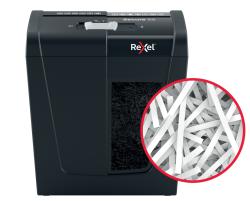 Schreddergerät in Schwarz mit Sichtfenster für Papier. Im Bild ist eine Nahaufnahme von geschreddertem Papier zu sehen.