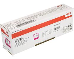 Verpackung für OKI Druckerpatrone. Weiße Box mit rotem Streifen und verschiedenen Informationen.