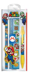 Schreibset mit Super Mario Motiven. Enthält zwei Bleistifte, einen Lineal und einen gelben Stift.