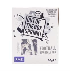 Verpackung mit Fußballstreuseln in Schwarz, Weiß und Silber. Enthält verschiedene Formen wie Sterne und Fußball.