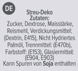 Verpackung mit Fußballstreuseln in Schwarz, Weiß und Silber. Enthält verschiedene Formen wie Sterne und Fußball.
