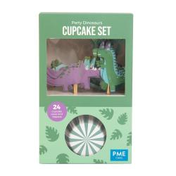 Cupcake-Set mit Dinosaurier-Thema. Enthält 24 Cupcake-Förmchen und Topper. Farben: lila und grün. Verpackung mit transparentem Fenster.