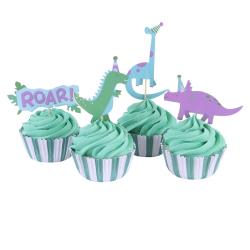 Cupcake-Set mit Dinosaurier-Thema. Enthält 24 Cupcake-Förmchen und Topper. Farben: lila und grün. Verpackung mit transparentem Fenster.