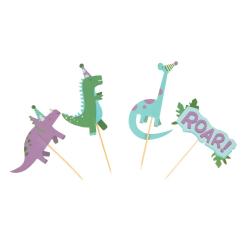 Cupcake-Set mit Dinosaurier-Thema. Enthält 24 Cupcake-Förmchen und Topper. Farben: lila und grün. Verpackung mit transparentem Fenster.