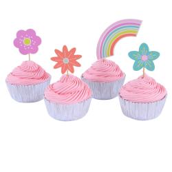 Cupcake-Set mit 24 Teilen. Enthält bunte Papierförmchen und Toppers in Form von Blumen und einem Regenbogen. Verpackung in hellblau mit Blumenmuster.