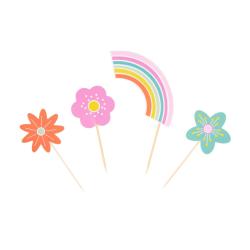 Cupcake-Set mit 24 Teilen. Enthält bunte Papierförmchen und Toppers in Form von Blumen und einem Regenbogen. Verpackung in hellblau mit Blumenmuster.