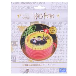 Drei Charaktere aus Harry Potter. Hintergrund mit Schloss und gelber Farbgebung.