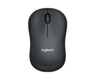 schwarze Computermaus mit einem scrollenden Rad. Ergonomische Form, schlichtes Design. Logo von Logitech auf der Oberseite.