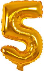 goldene Folienballon in Form der Zahl 5. Glänzende Oberfläche, leicht gewellt.
