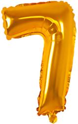 goldene Folienballon in Form der Zahl 7. Glänzende Oberfläche, leicht gewellt.