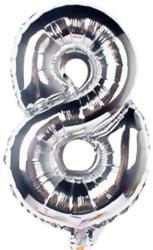 Silberne Folienballons in Form der Zahl 8. Glänzende Oberfläche, große Größe.