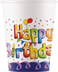 Pappbecher mit buntem Aufdruck. Aufschrift 'Happy Birthday' mit Luftballons und Konfetti.