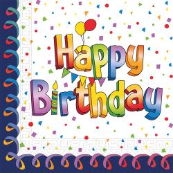 Bunte Geburtstagskarte mit dem Text 'Happy Birthday'. Umgeben von Konfetti und Luftballons.