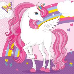 Ein weißes Einhorn mit pinker Mähne und buntem Horn. Es hat Flügel und steht vor einem bunten Regenbogen.