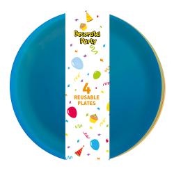 Vier wiederverwendbare Teller in Blau. Verpackung mit bunten Party-Motiven.